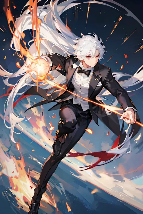 Man. white hair with forehead band. Wear black tuxedo with. Fire power. Cool. Savage. Menace. Action. Whole body