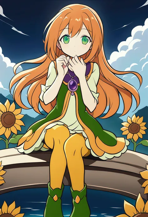 1girl, green eyes, purple pendant, orange hair, medium hair +++ yellow pantyhose, green dress, lightgreen shirt, green boots hid...