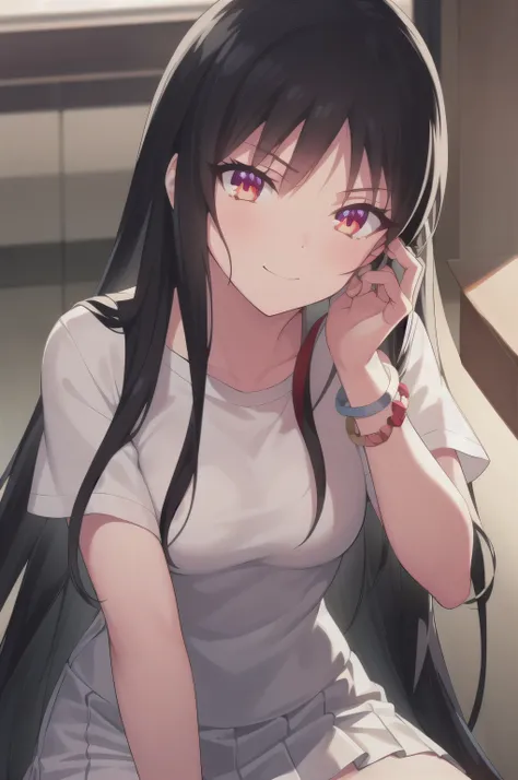 A girl，Long hair, bangs,  black hair ,  hair between eyes , (Red eyes:1.5),  (Medium breasts:1.2), 
rest  锁骨,  white shirt, Pleated Skirt, mini skirt, bracelet, White skirt,Clive Arch，nipple，nude，
rest looking at viewer, whole body,
rest indoors, bedroom，S...