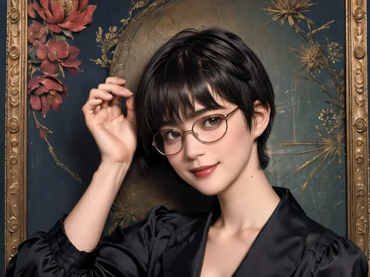 306 (20-year-old woman,Im wearing dark colored clothes), ( Super Real), (    High-level image quality    ), (( short hair:1.46)), (A kind smile), (Big Breasts:1.2), (Wearing glasses), (Floral), (darkroom) 