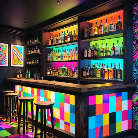 The bar counter is made of thick, solid wood, and the bottle shelves are upright and display liquor bottles. The interior is all black, and the wall is painted in fluorescent, psychedelic patchwork style.