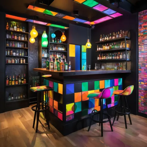 The bar counter is made of thick, solid wood, and the bottle shelves are upright and display liquor bottles. The interior is all black, and the wall is painted in fluorescent, psychedelic patchwork style.