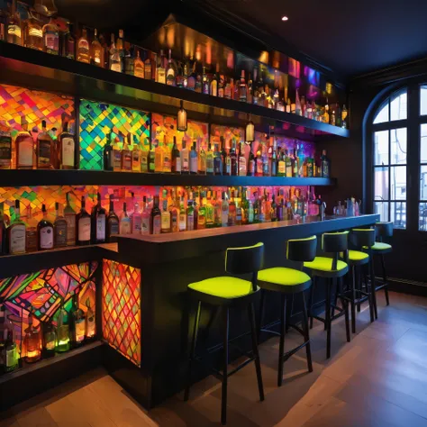 The bar counter is made of thick, solid wood, and the bottle shelves are upright and display liquor bottles. The interior is all black, and the wall is painted in fluorescent, psychedelic patchwork style.