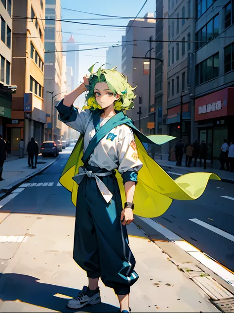 1male , Pale Green Hair , Wavy Hair, Styled Hair , Mohawk Hair, White Royal Cape , White Shortsleeve Shirt , Fitted Arm Sleeve , Baggy Sweatpants , Blue Sash Belt , Standing on sidewalk , Modern City Background, Perfect Generation 