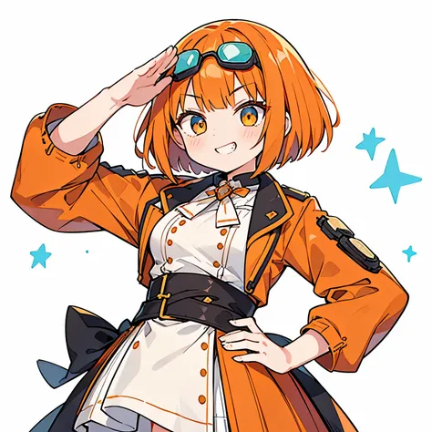  1 girl,Best Quality,Super Fine,8k, very detailed,( very detailedな手, very detailedな指,salute,one hand on hip),Orange Hair,fluffy bob cut,Straight Bangs,Round lens goggles on the head,evil grin,Adventurer,white background
