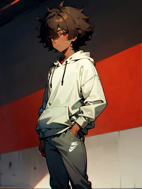 1male , Dark Skin , Red Eyes , Afro , Shaggy Hair , Grey Nike Hoodie , Grey Nike Sweatpants , Standing in a Gym , Perfect Generation , Blank Expression, Detailed Background 