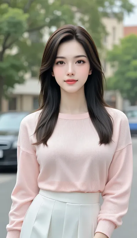 Depiction of a graceful 22-year-old Korean beauty, adorned with lengthy, elegant hair that exudes poise and elegance. Dressed in a delicate, light pink knit sweater paired with a pristine white dress, she embodies an air of feminine charm and sophisticatio...