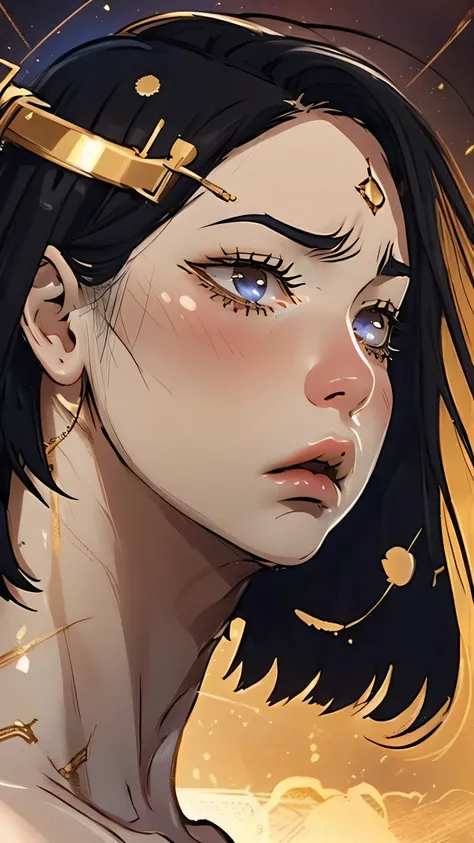 A beautiful girl is captured in an intense close-up, focusing only on his face in the middle of a gloomy and enigmatic environment. She wears a delicate gold crown that sits atop her loose, dark hair., Framing her face with an air of royalty and mysticism....