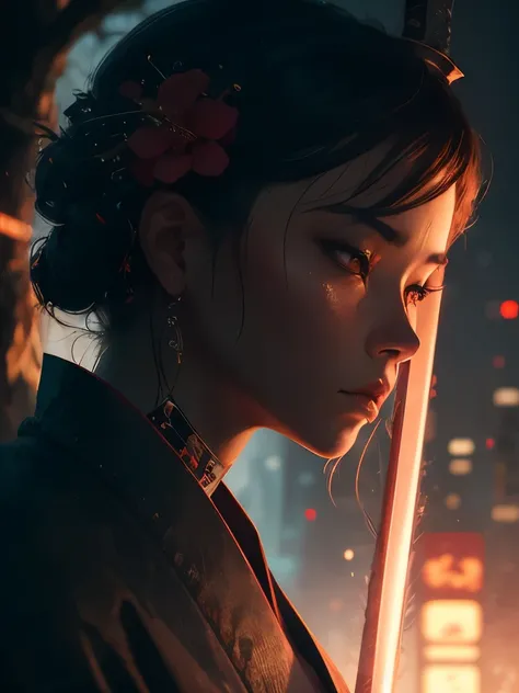 a close up of a person holding two swords near a tree, cyberpunk art by Mike Winkelmann, trending on cgsociety, fantasy art, neon samurai, very beautiful cyberpunk samurai, cyberpunk samurai, portrait of a cyberpunk samurai, samurai warrior, japanese art o...