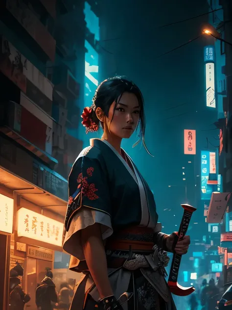 a close up of a person holding two swords near a tree, cyberpunk art by Mike Winkelmann, trending on cgsociety, fantasy art, neon samurai, very beautiful cyberpunk samurai, cyberpunk samurai, portrait of a cyberpunk samurai, samurai warrior, japanese art o...