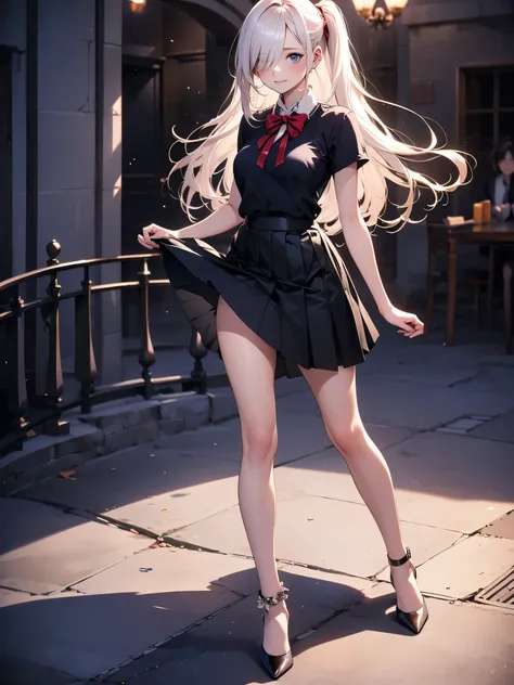 1girl, (masterpiece, best quality, highest quality, Full Body Shot, Including face:1.5), 4K, masterpiece, ((Focus on the face)),Beautiful woman, (Slender:1.5), ((High heels, black pantyhose, anklet)),(Take off skirt:1.8), (Long silver hair, ponytail, Age 2...