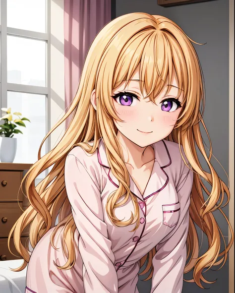 masterpiece、Best Quality、detailed、Canada_conoe, 1girl, Alone、Standing、Closed Mouth、smile、One girl、Long Hair、( anime illustration style:1.2)、Golden Hair、indoor、bet、Long Hair、Attractive purple eyes、(In pajamas:1.3),In pajamas、Sharp pupils、 High Resolution 、 ...