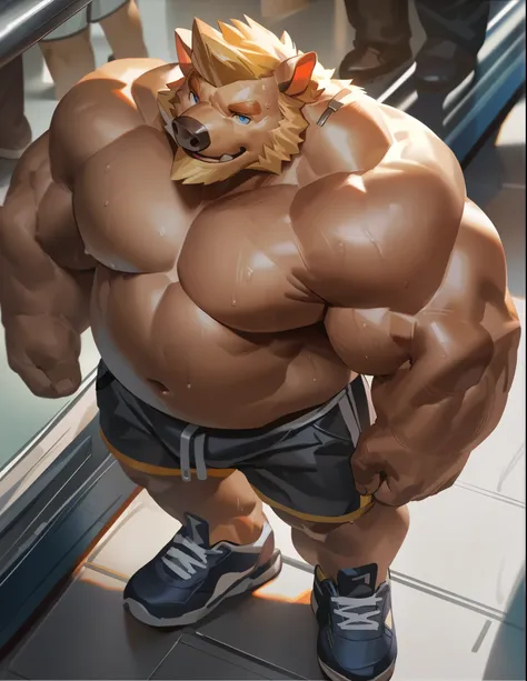 lindong, solo, 1boy, Muscular furry boar, hog, tusk, wide shoulder, thick arms, (chubby, belly), height view, wide pectoral, massive muscle, Queuing on mall, short hair:1.2, blonde hair, detailed eyes, shorts, focus eyes, shoes, sweat, shirtless, masterpie...