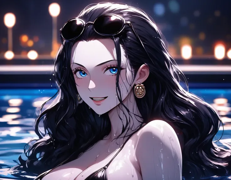 masterpiece, best quality, intricate details, 1 girl, woman, black hair, nico robin  (one piece), blue eyes, sligh wavy hair, hair slicked back, (open eyes), (medium close-up shot), portrait, focus on face, bust, (chest and face), eyewear on head, earrings...