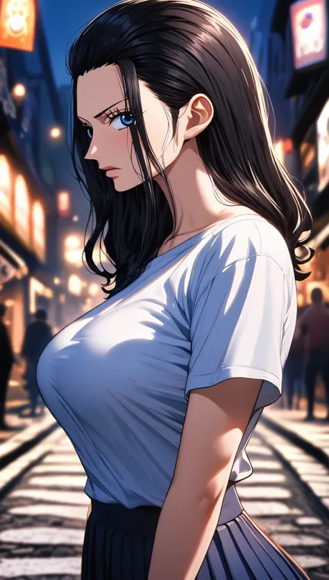 masterpiece, best quality, intricate details, 1 girl, woman, black hair, nico robin \ (one piece\), (bob cut), baseball cap, t-s...