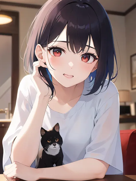 head tilt,upper body, (pale skin:1.2), shiny skin, shiny hair、(A 40-year-old woman:1.5) and (bob cut) and (hair between eyes) and (black hair) and (red eyes), over size t-shirt、（oversized clothes:1.5),white shirt,smile、(tearful:1.2)、 The background is the ...