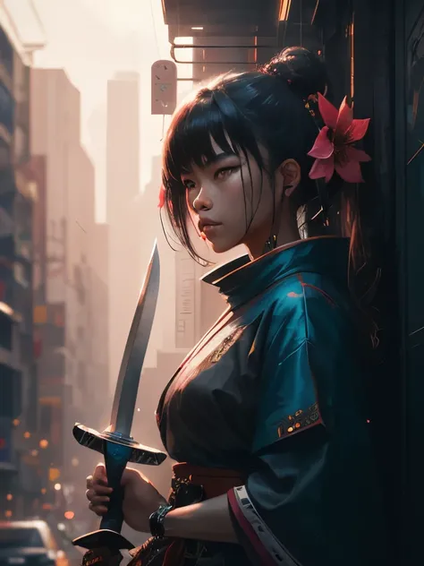 a close up of a person holding two swords near a tree, cyberpunk art by Mike Winkelmann, trending on cgsociety, fantasy art, neon samurai, very beautiful cyberpunk samurai, cyberpunk samurai, portrait of a cyberpunk samurai, samurai warrior, japanese art o...