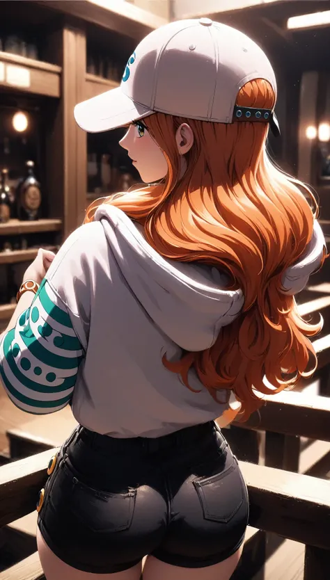 masterpiece, best quality, intricate details, 1 girl, woman, orange hair, nami  (one piece), (low twintail), baseball cap, oversized hoodie, black shorts, female focus, indoors, looking back, ((behind view)) ((close up shot)) ((solo)) detailed, very high r...