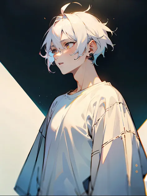 1male , Pale White Eyes , Blue Tinted Pale White Hair , Baggy White Longsleeve T-Shirt , Surprised Expression , Looking off to the side , Black Earring in one ear , Perfect Generation