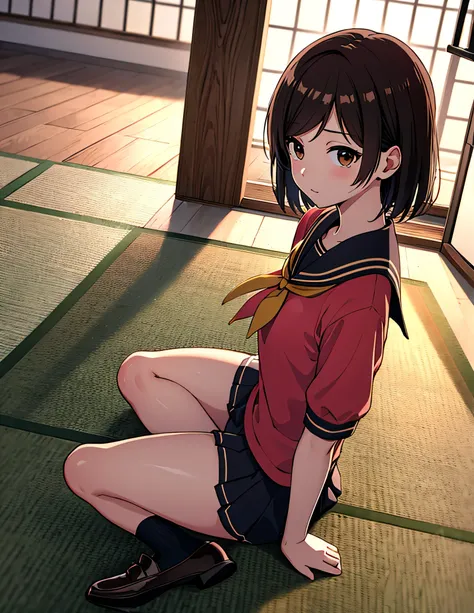 ((masterpiece, Please redeem, Very detailed, Very beautiful 8K CG wallpaper)), , A little thick,Side part semi-short,Medium Hair,Irene&#39;s bangs, Brown hair with a slight reddish tint, Side part semi-shortヘア,Messy hair, Brown eyes with subtle red tinge,M...