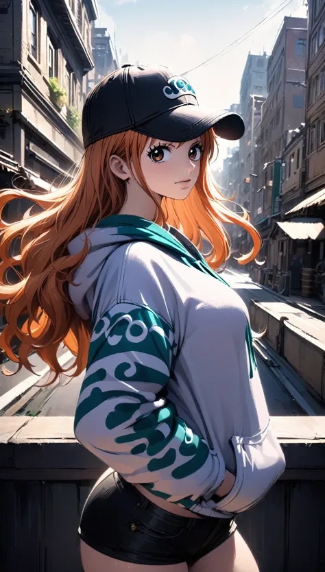 masterpiece, best quality, intricate details, 1 girl, woman, orange hair, nami (one piece), baseball cap, oversized hoodie, black shorts, female focus, indoors, city, looking at viewer, ((side view)) ((close up shot)) ((solo)) detailed, very high resoluti...