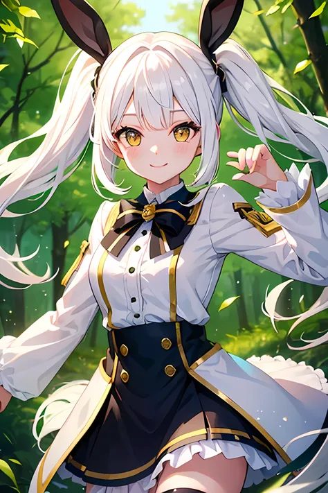 Young girl, white hair, yellow eyes, smile face, cute girl, happy girl, twintail hair, bunny style, background green forest