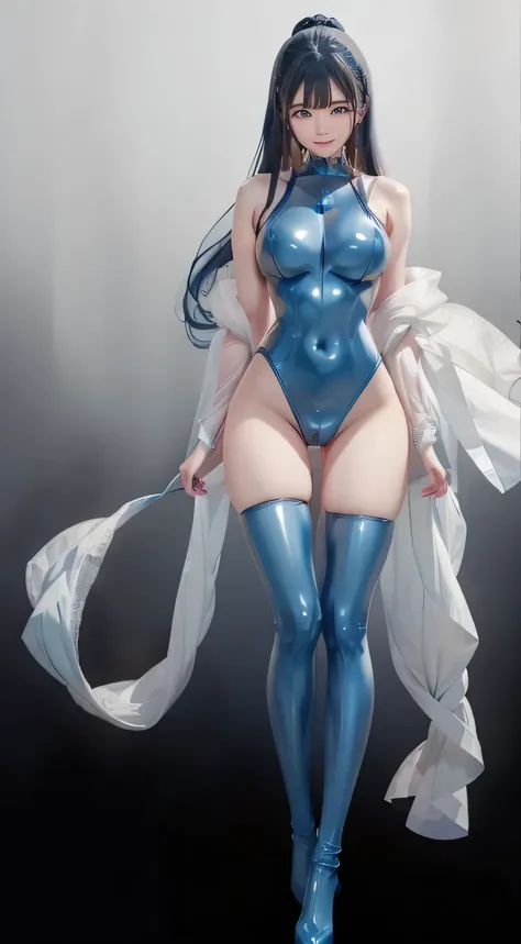 Full Body Shot、 standing、  long beautiful thin blue hair  、 Long thin blue hair  、  light blue full length tights    ，   light blue latex suit and light blue thigh-length boots,   light blue shiny lingerie  , latex Shiny, Wearing Atsuko Kudo&#39;s Latex Co...