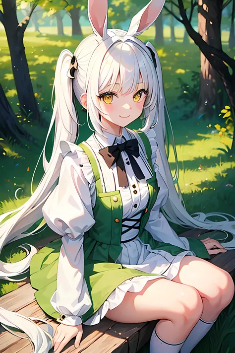 Young girl, white hair, yellow eyes, smile face, cute girl, happy girl, twintail hair, Rabbit style, inspired by alice in wonderland, background green forest