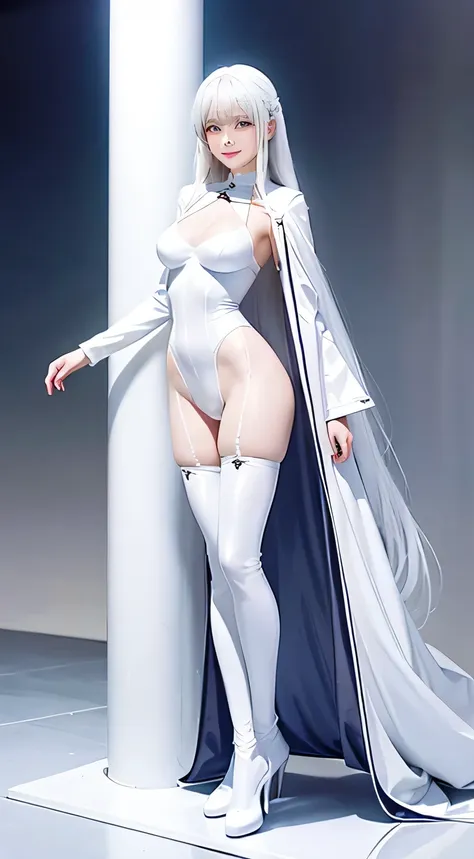 full body shot、 standing、long white hair、 white long tights  ， white latex suit 、  araf in white knee high boots,   white shiny ...