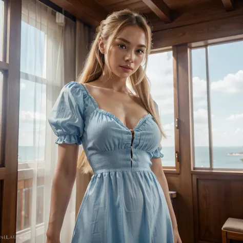 Beautiful Russian girl, golden blonde ponytail, beautiful eyes that convey details, beautiful lips that convey details, sexy doll, full body shot, wearing long puffed dresses, shiny light blue fabric with Mont Saint-Michel as the background. (Best quality ...