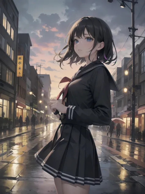 Sailor collar bow front mitt uniform, color block long sleeve button top & pleated checkered long skirt, big ribbon on head, black   is standing on a street corner after the rain with her umbrella closed, looking up at the sky. A single tear on her cheek, ...