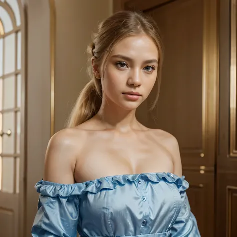 Beautiful Russian girl, golden blonde ponytail, beautiful eyes that convey details, beautiful lips that convey details, sexy doll, full body shot, wearing long puffed dresses, shiny light blue fabric with Mont Saint-Michel as the background. (Best quality ...