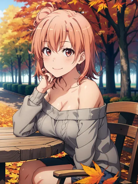 ((Best Quality,  High Resolution ,  Perfect Pixel,  4K)),  ( beautiful anime girl ),  depth of field、

yuigahama yui, Big Breasts、

smile、blush、

Grey sweater、Off the shoulder、

Outdoor、Across the table、
Sitting、autumn、autumn leaves、