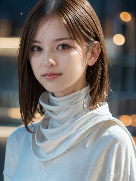 One Girl,( White turtleneck sweater :1.4),(RAW Photos, Best Quality), (Realistic,  photorealistic :1.4), masterpiece,  Extremely Delicate and Beautiful ,  extremely detailed, 8k wallpaper, wonderful, Finely detailed,  HIGHLY DETAILED CG UNITY  ,  High Reso...