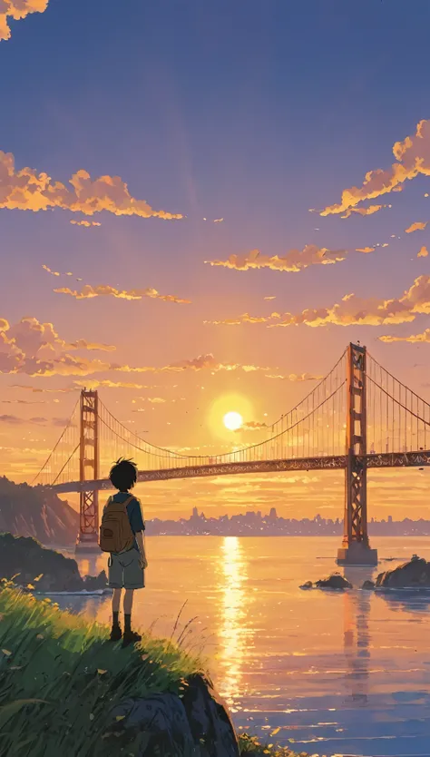 (Minimalism:1.4), Draw a simple Ghibli style art ," A mesmerizing scene of sunset ,  a boy looking at it , from behind, (Niñofocus0 .6),  bathed in the golden hues of sunlight and cloud ,  emanating a vibrant and awe-inspiring spectrum . masterpiece."San F...