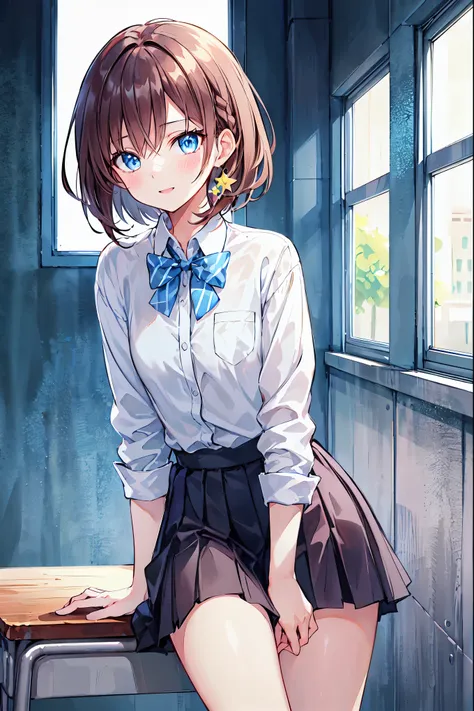 1 girl, 中程度の長さのBrown Hair,  Your enchanting gray-blue eyes shine like stars,   school uniform, White top,  Black Skirt , classroom,  High Resolution , Ultra Sharp, 8k, masterpiece,  is staring at viewers， The depth of the boundary is written, Brown Hair， s...