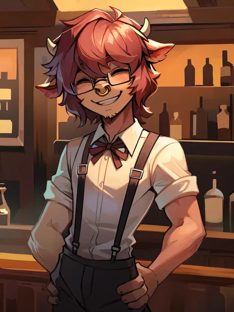 solo, male, thin, highland cow, shaggy hair, glasses, hair covering eyes, bartender, nose ring, working, slim, handsome, highest quality, cow tail, happy, suspenders, five fingers