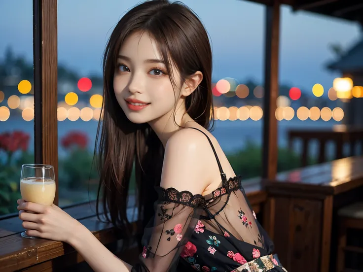 Detailed face, Cute face, ((masterpiece)), (Best Quality))), 1 Girl, ,Brown Hair, Eyes Hair,  beautiful eyes , (Best Quality:1.3), ((One woman))、((bar)) 、Large windows、Night view、 Light:1.2, Bokeh, Cinema Lighting:1.0,  depth of field,、 Cute face、Idol、((sm...