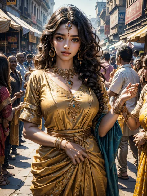 beautiful curly hair woman in Gujarati dress,detailed face,longeyelashes,beautiful detailed eyes,beautiful detailed lips,intricate ornate jewelry,standing in bustling indian market,crowds of people,heavy traffic,chaotic atmosphere,warm color tones,natural ...