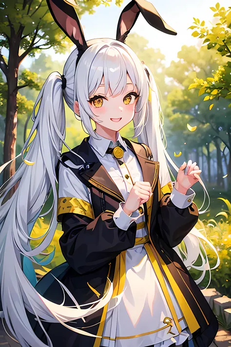 Young girl, white hair, yellow eyes, smile face, cute girl, happy girl, twintail hair, bunny style, background forest