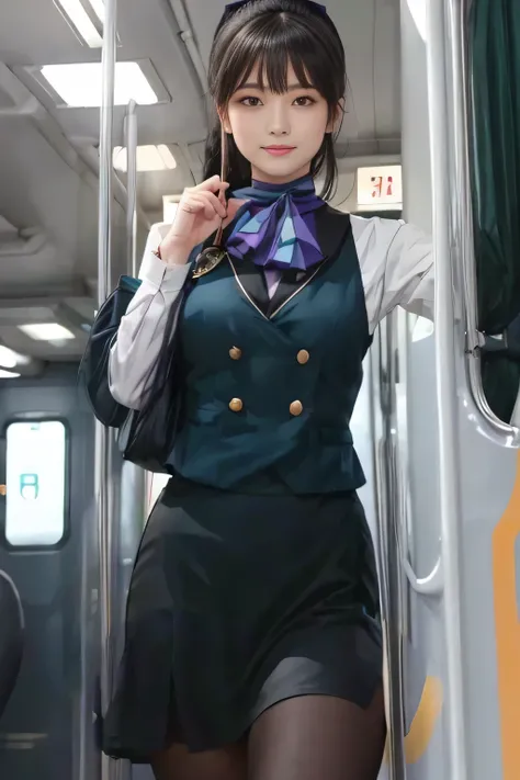 (masterpiece:1.2, Best Quality:1.2), 32K HDR,  High Resolution , (Alone、1 girl)、（on board、Professional Lighting）、In-flight background、（Nankai Train crew uniformを着たリアルスタイル）、（（Nankai Train crew uniformのベスト、Collarless Blouse Long Sleeves  、  Black Curled Culo...