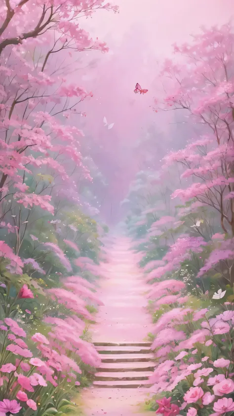    An enchanting forest with a few small circles on a pastel pink background  , handrail 、   There are a few small pink butterflies on the top   、 There is a large pink butterfly    ,   There are flowers on the bottom with a pastel pink background     