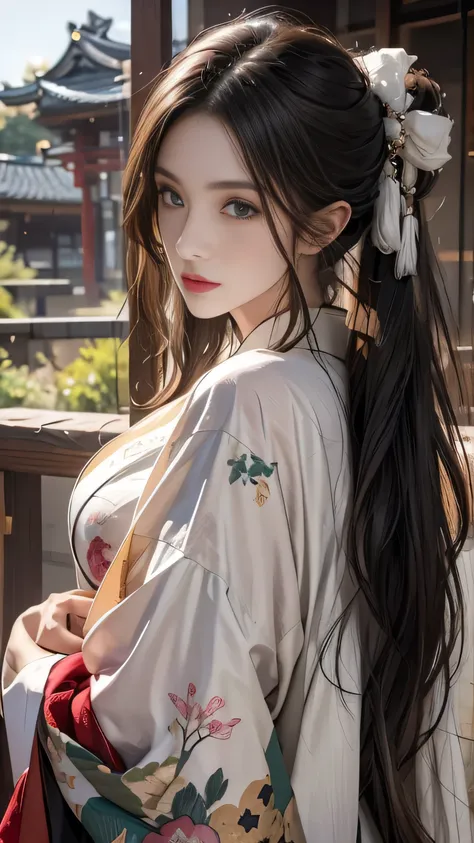 Historical Buildings of Japan、青いkimonoを着る、 Unreal Engine :1.4,NFFSW,Best Quality:1.4,  photorealistic :1.4,  skin texture:1.4, ​masterpiece:1.8, 1. Female,  is in an elevated position ,  beautiful eyes, Long-haired, Contoured eyes, gem, Tattoo, kimono