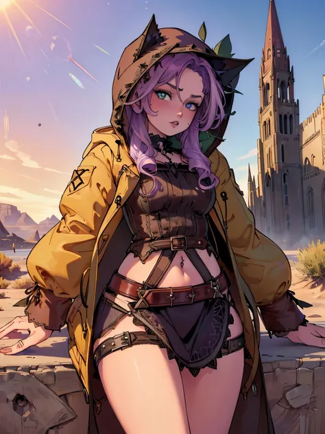 ((desert, sand, dunes, refraction effect, sun)), (masterpiece, best quality), (1girl), (solo), ((portrait)), perfect face, ((heterochromia, blonde and purple hair, ((red long parka)), gothic unnecessary belts everywhere, mole below eye)), the background is...