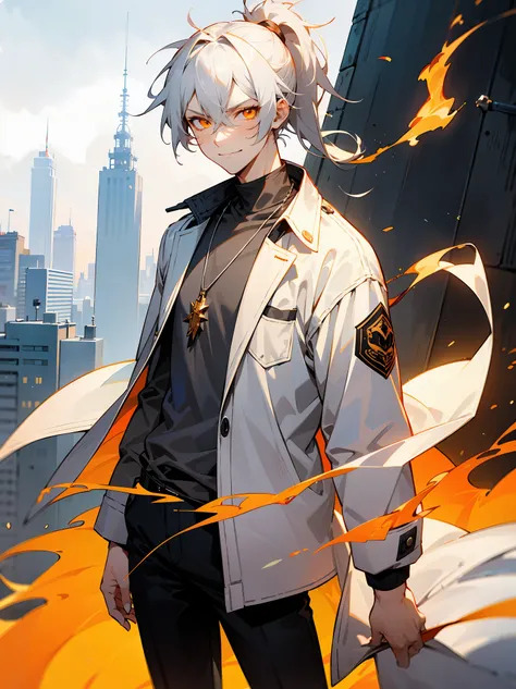 1male , Messy Pale White Hair , Ponytail , Fiery Orange Eyes , Serious Expression, Smiling Expression , Standing atop a tower , White Jacket , Grey Shirt Underneath , Necklace , Modern City Background, Perfect Generation 