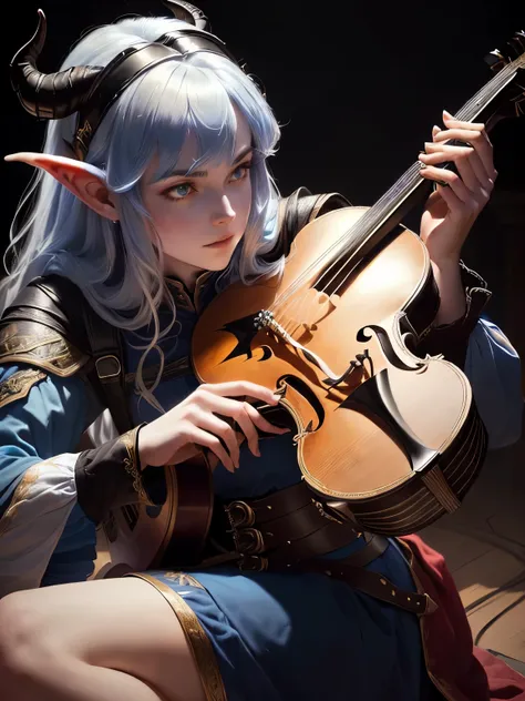 a close up of a person holding a lute and wearing a costume, tiefling bard, is playing a lute, guitarist, musician, (fantasy violin), lute, male bard, pale blue skin, thick hair, long hair, black hair, dark horns, silver eyes