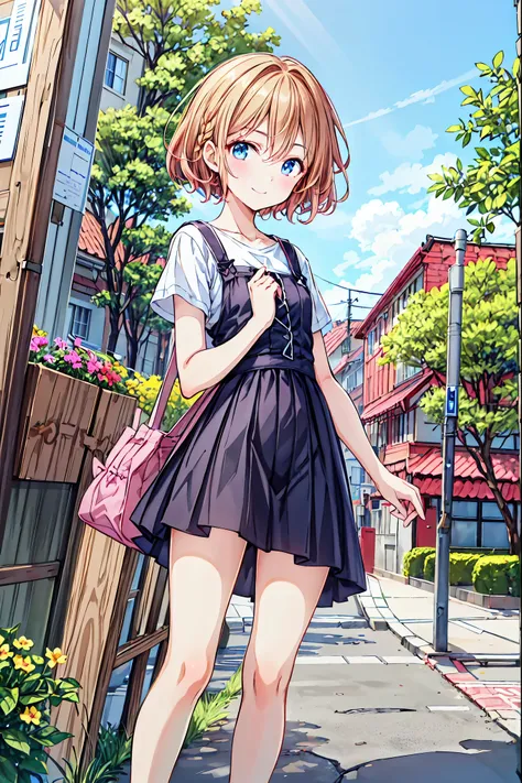 （ cute girl :1.3）、 smile,summer atmosphere、plain t-shirt、brown hair、　(3)，look at the sky，small breasts，   flat chest，((pay back)...