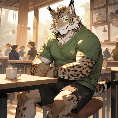 (lynx:1.2), (grey fur:1.2), anthro, male, solo, sturdy, sitting down, (sitting down cross legged), joyful, calm expression, soft smile, at coffee shop, (young:1.3), Artsy-style clothing, looking at the audience, forest green Knitted Sweaters, dark brown sh...