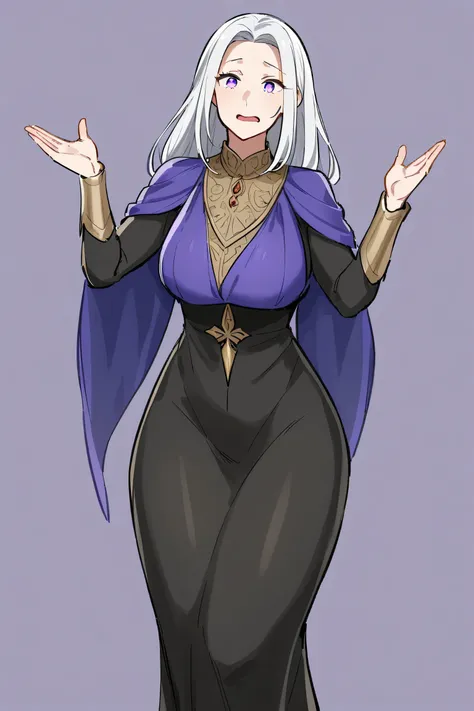 Mature woman with long silver hair, violet eyes, good body, her expression is elegant , dressed as a magician,  medieval fantasy,  simple and minimalist background 