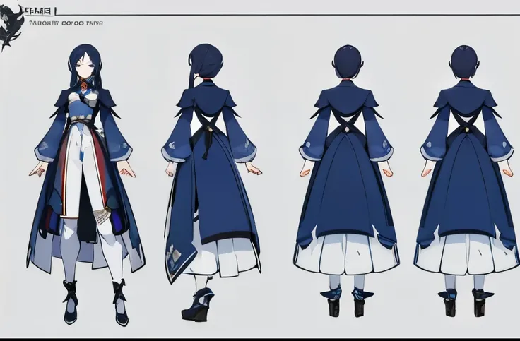 ((character concept art)), ((Character Design Sheet, Same character, front, side, back)) Genshin Impact character sheet, Video Game Character Design, Video Game Character Design,concept art, Tall woman, long navy haired woman, long dressed